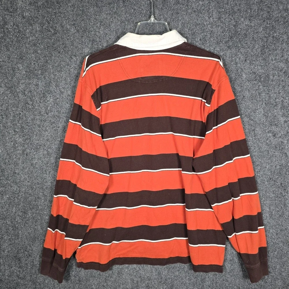 LL Bean Rugby Shirt Mens XL Striped Orange Brown Long Sleeve Cotton Fall Autumn